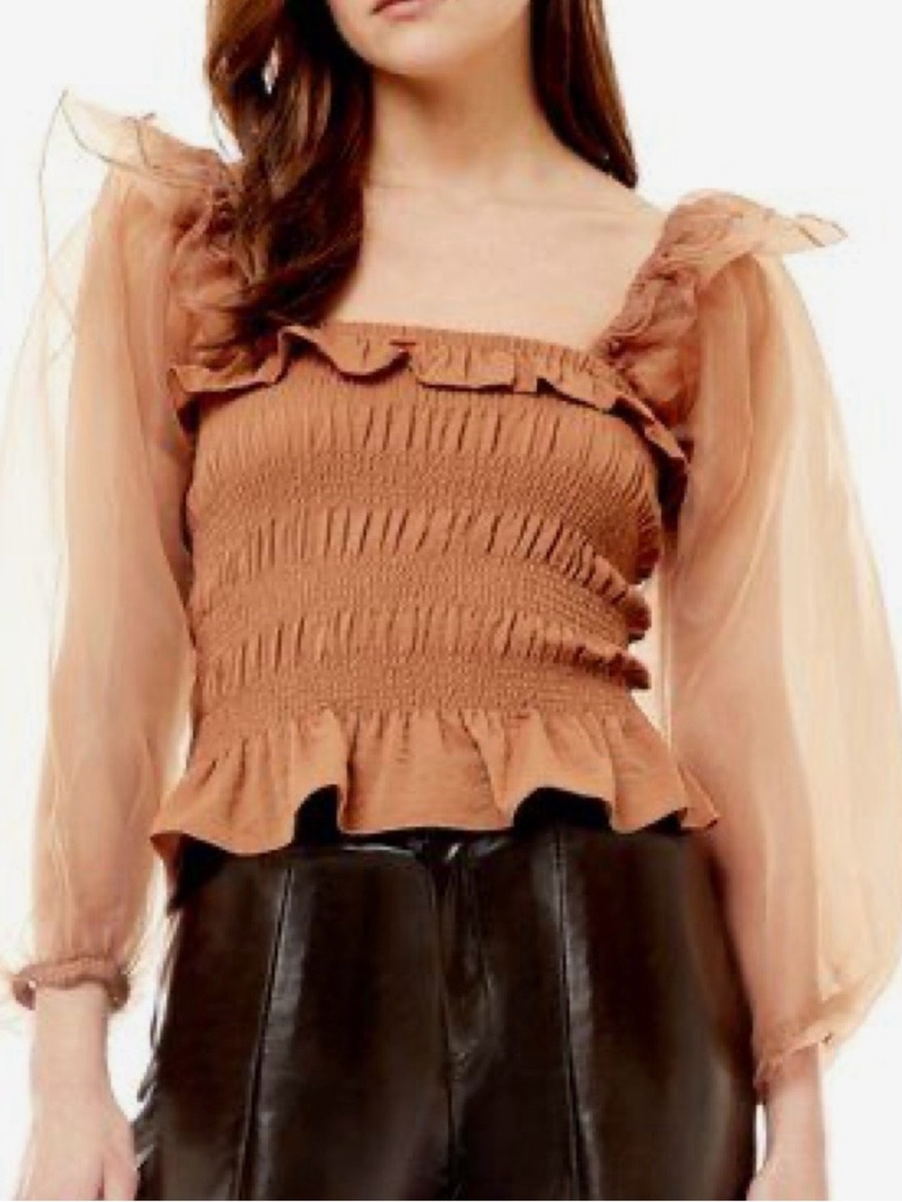 DO+BE Smocked Ruffle Top in Light Brown
